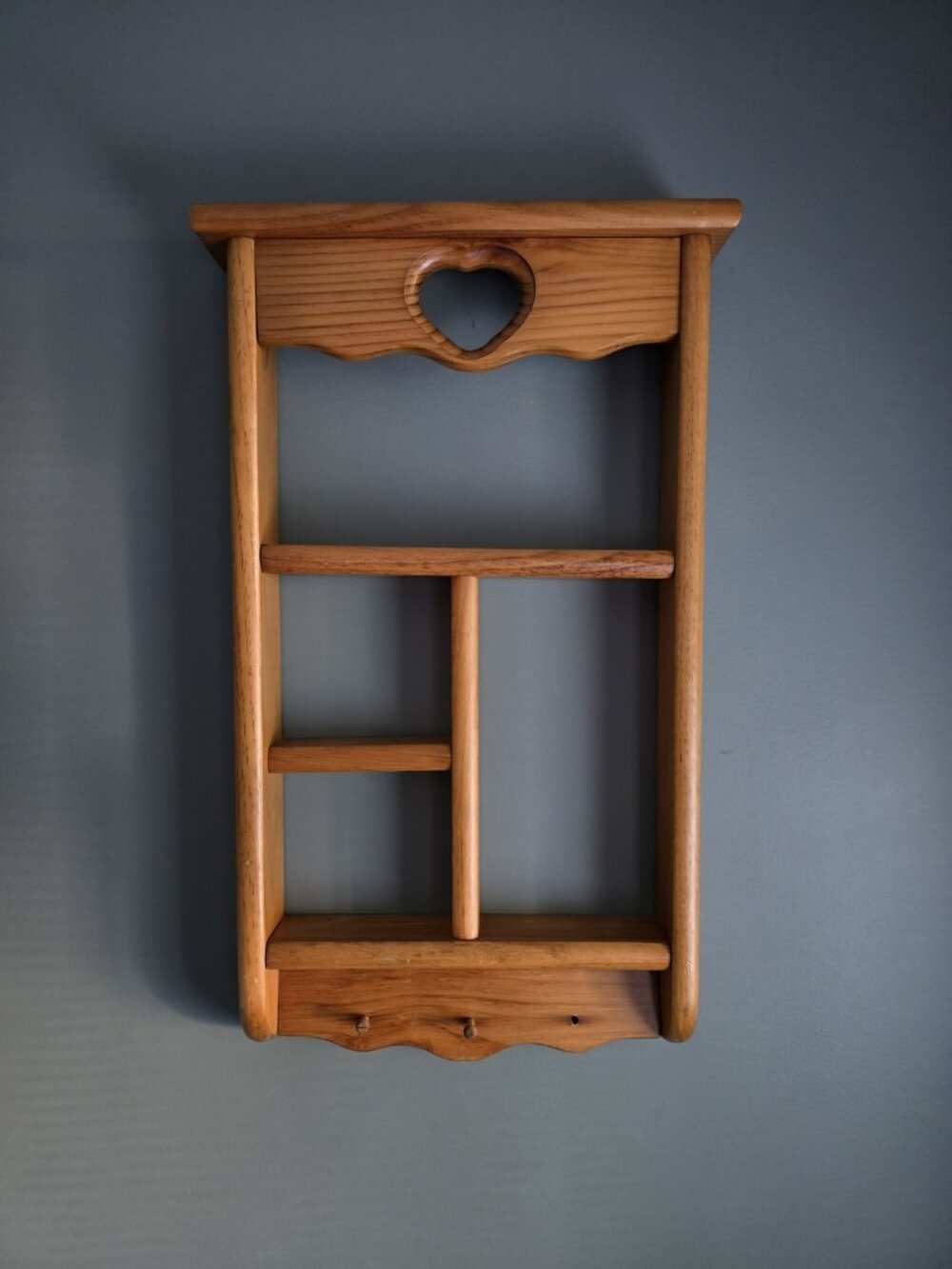 Vintage Cottagecore Wooden Wall Shelf Heart Cutout Rustic Trinket Display Granny